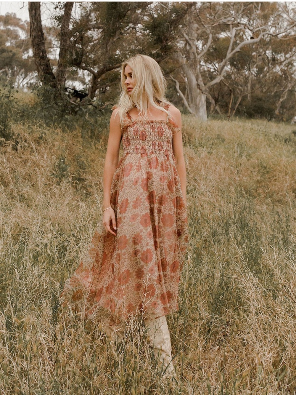 NWT Noralee Dolly floral Bloom organza midi dress Rust cream Size Large